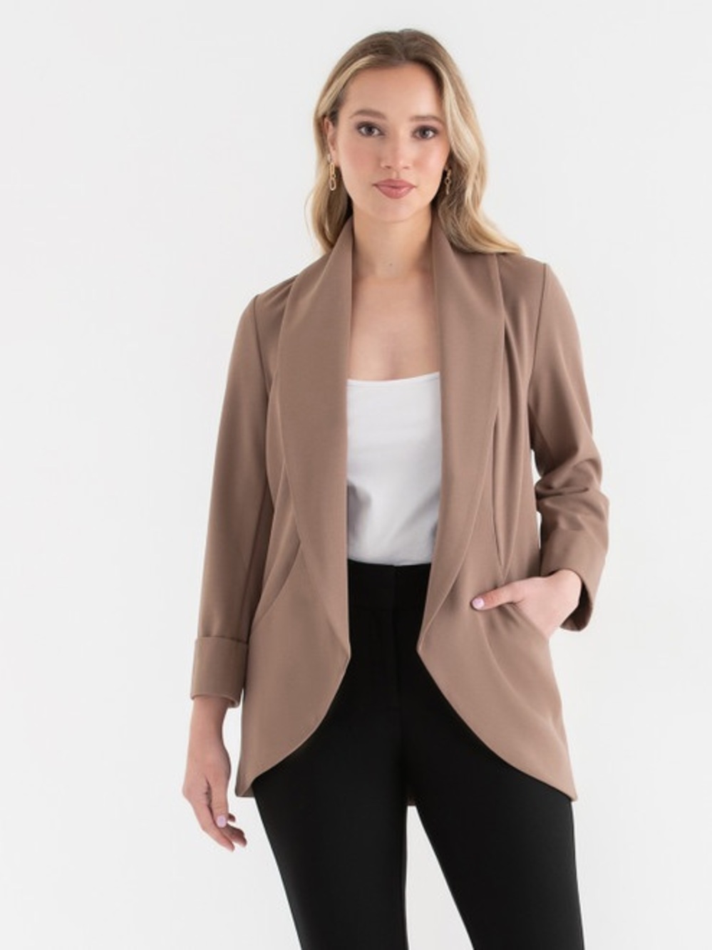 Taupe Open-Front Shawl Collar Blazer